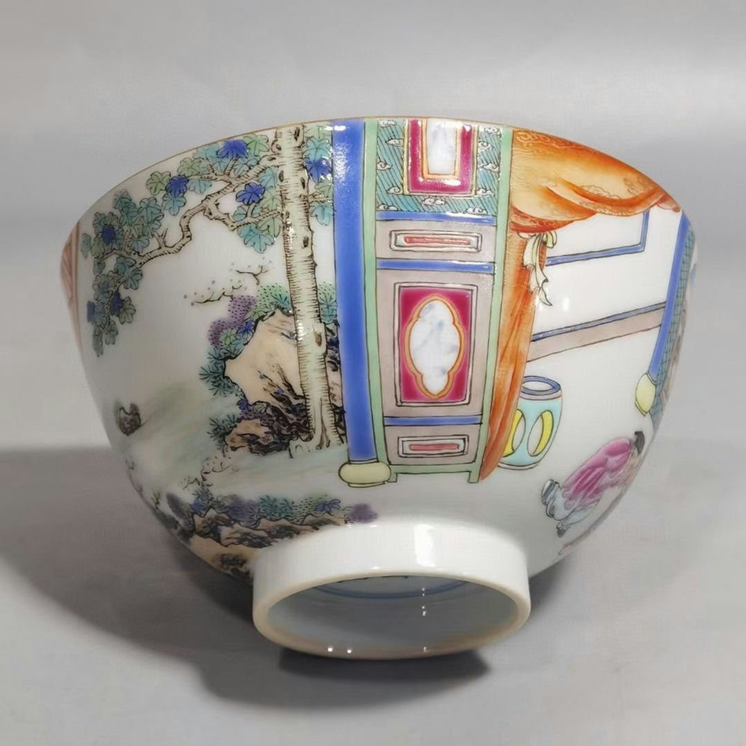 ◆羽彰・古美術◆A6102清雍正 粉彩西記図茶碗一対・古陶磁器 ・珍品旧蔵・古賞物・時代物