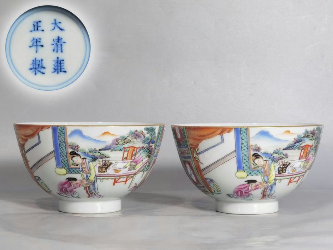 ◆羽彰・古美術◆A6102清雍正 粉彩西記図茶碗一対・古陶磁器 ・珍品旧蔵・古賞物・時代物