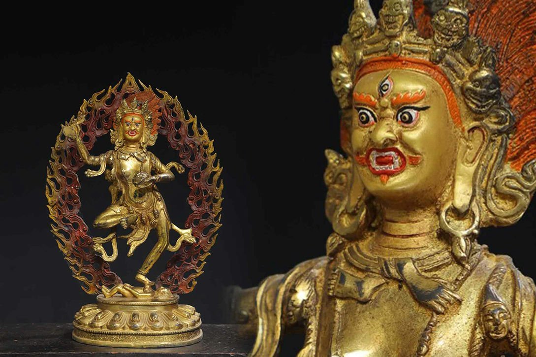 国内外の人気 仏教古美術 ◆羽彰・古美術◆A4654清時代 チベット密教 仏像造像 金剛菩薩 描彩 銅塗金 仏像