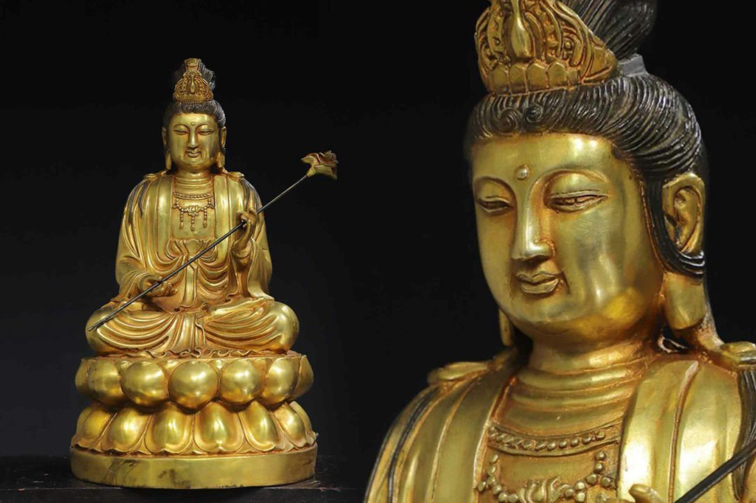 ◆羽彰・古美術◆A4649清時代 仏教古美術 チベット密教 銅塗金 大勢至菩薩 仏像造像