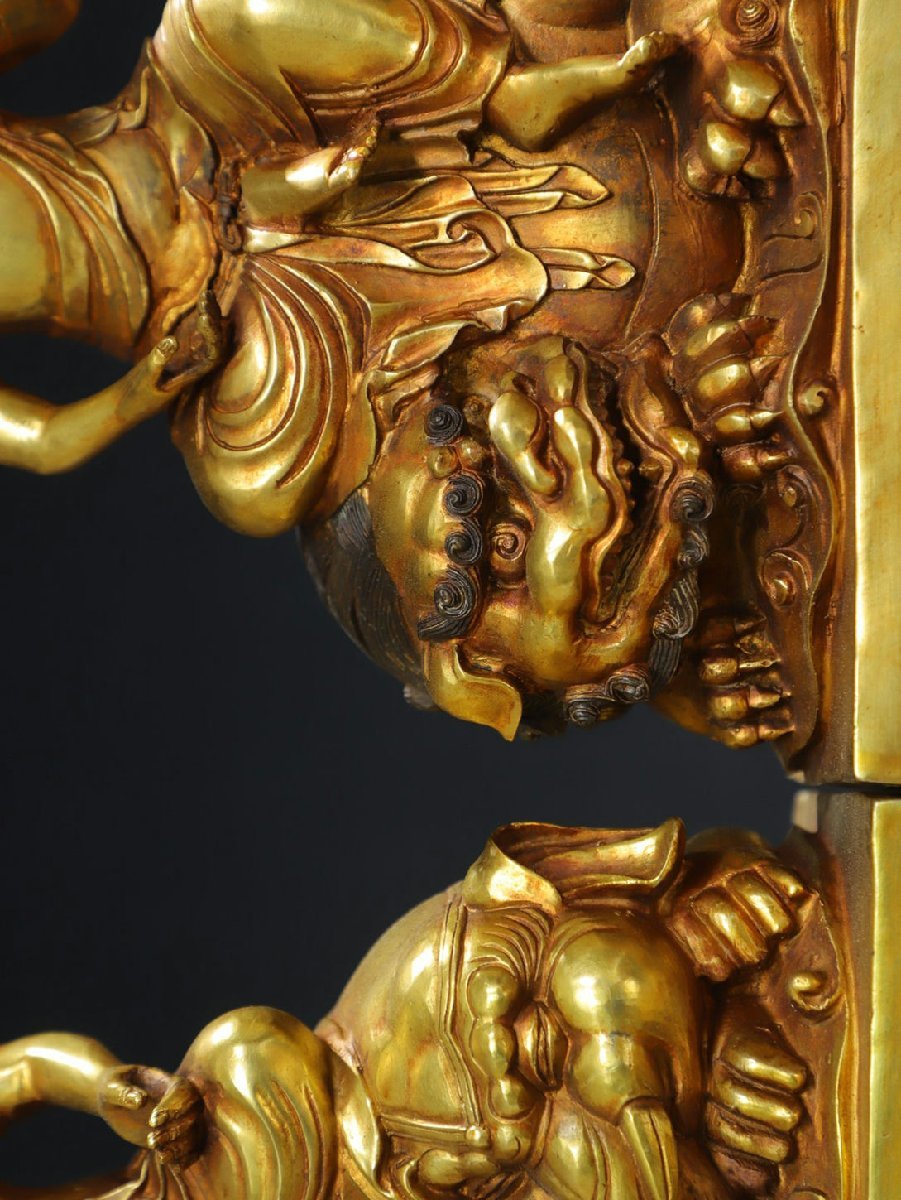 ◆羽彰・古美術◆A4648清時代 仏教古美術 チベット密教 銅塗金 文殊普賢菩薩 仏像造像一対_画像5