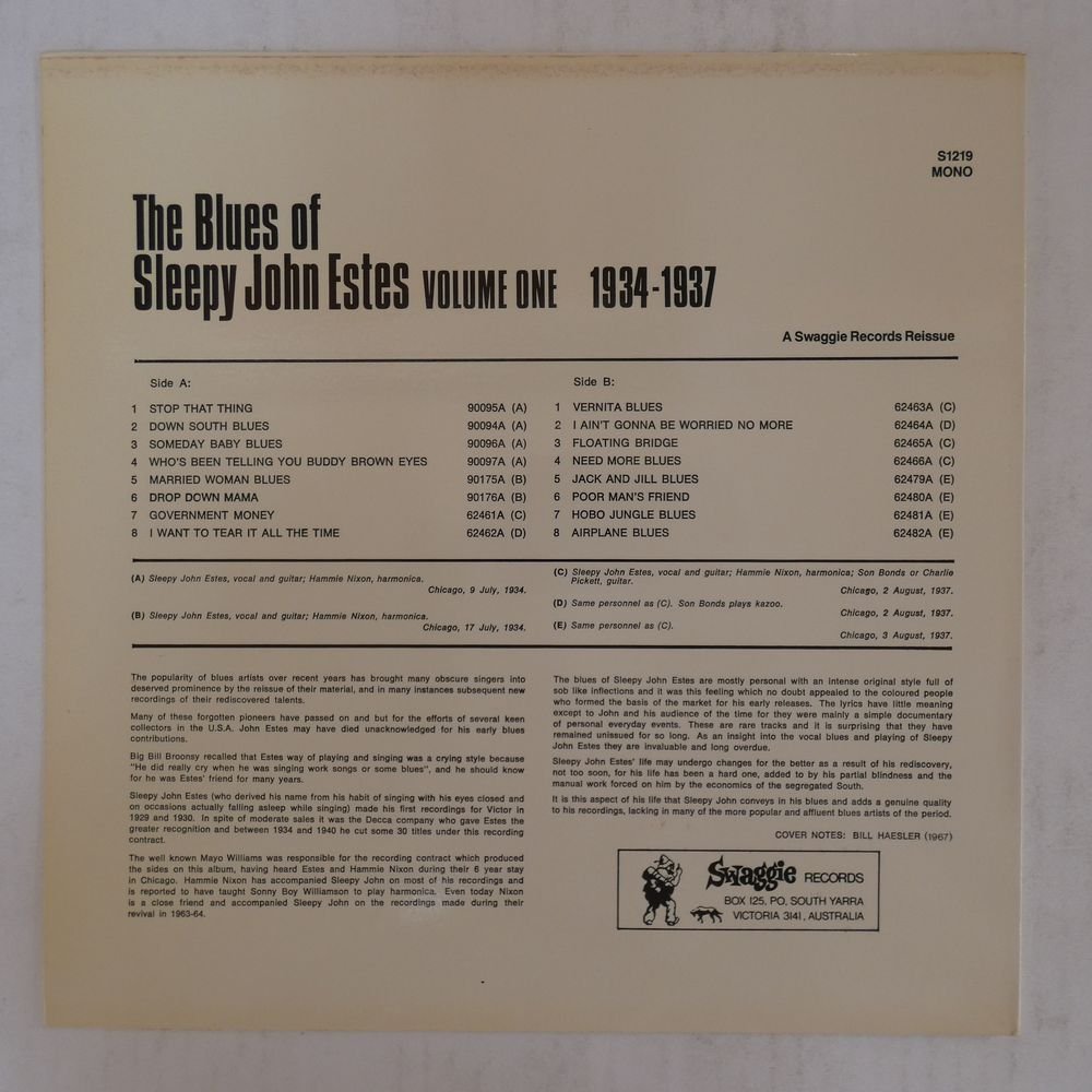 46058363;【Australia盤/MONO/コーティングジャケ】Sleepy John Estes / The Blues Of Sleepy John Estes Volume One 1934-1937_画像2
