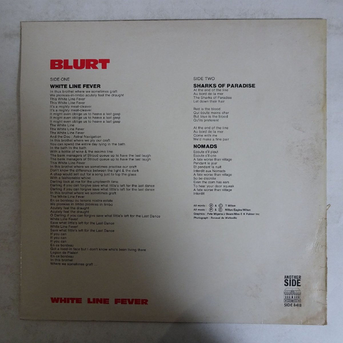 10019202;【Belgium盤/12inch】Blurt / White Line Fever_画像2