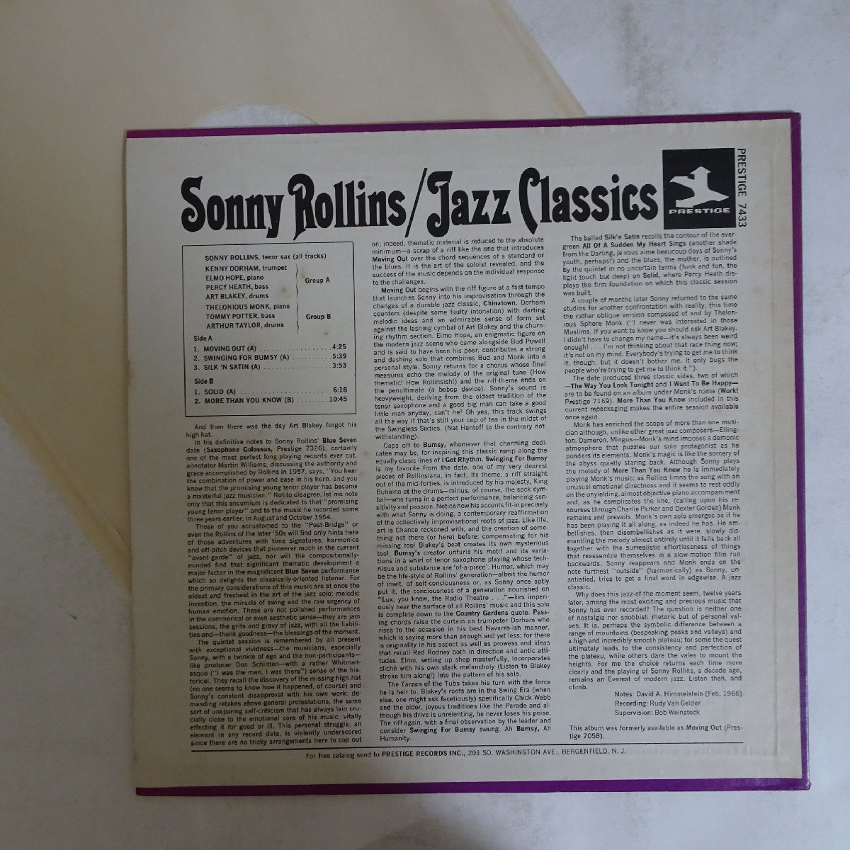 14028434;【US盤/PRESTIGE/右紺/MONO/手書RVG】Sonny Rollins / Jazz Classics_画像2