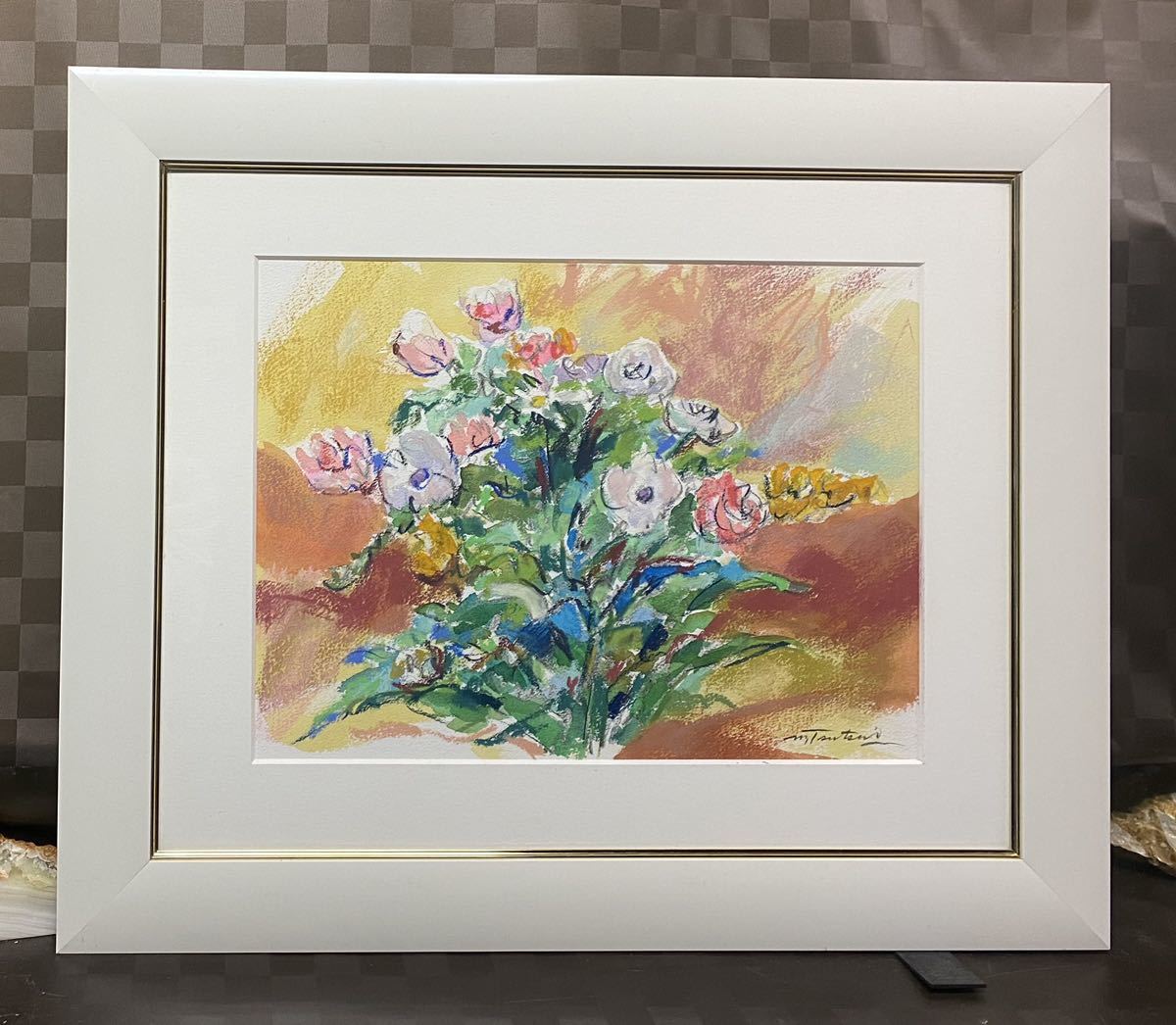  genuine work pastel picture Miku sdo handwriting . author unknown flower still-life picture picture frame frame interior 