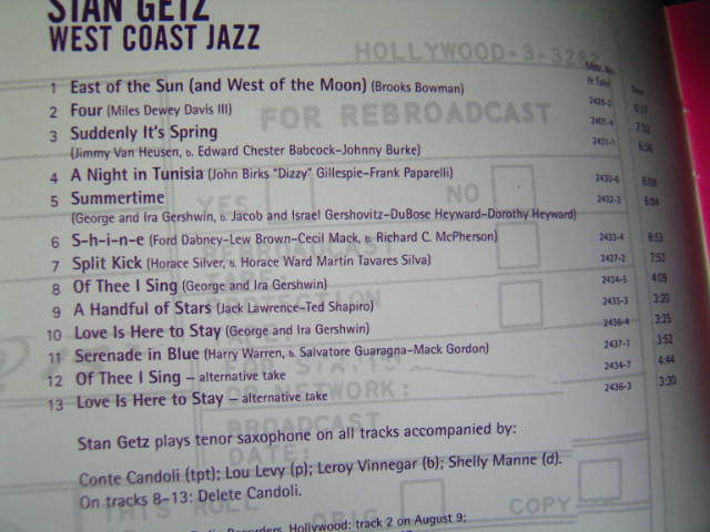 微スレCD スタン・ゲッツ / ウエスト・コースト・ジャズ West Coast Jazz : Stan Getz Cカンドリ Lレヴィー Lヴィネガー Sマン/xx_画像2