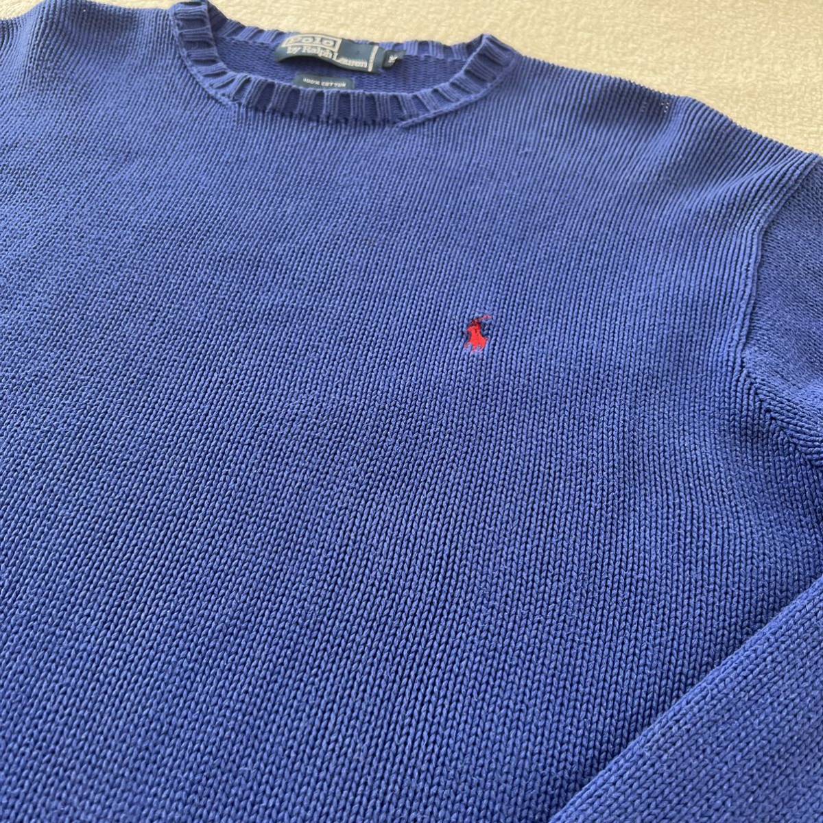 Ralph Lauren ニット セーター M ラルフローレン ブル コットン 綿 クルーネック ブルー 青 ポニー刺繍