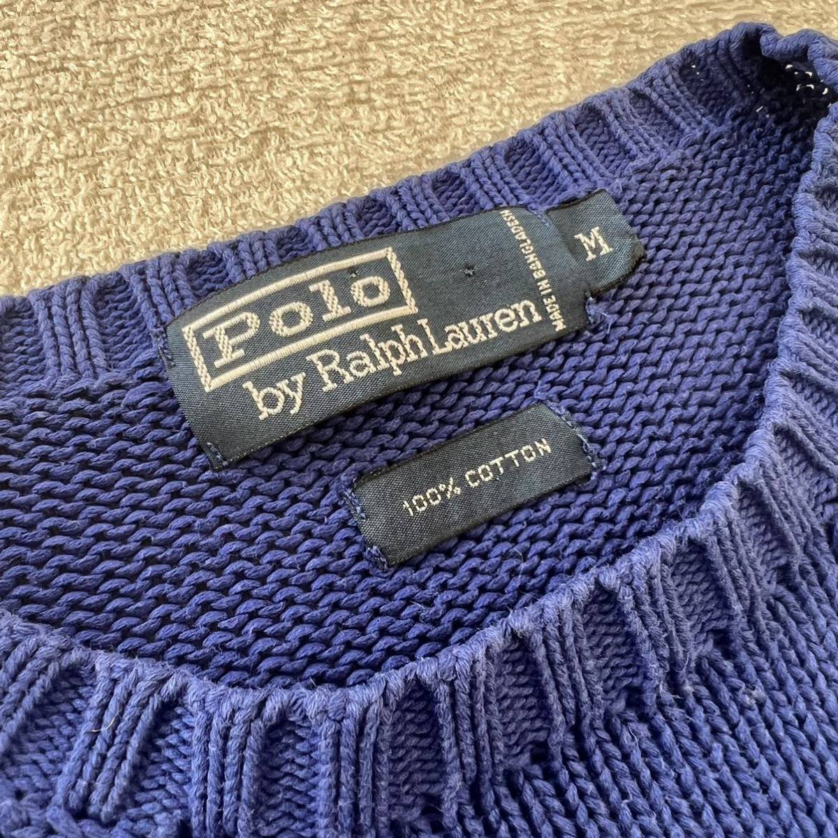 Ralph Lauren ニット セーター M ラルフローレン ブル コットン 綿 クルーネック ブルー 青 ポニー刺繍