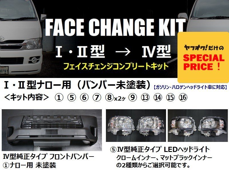 SALE ハイエース 4型 フェイスチェンジキット ナロー 1型 2型用(バンパー 未塗装)200系(S-GL DX DXGLパッケージ)