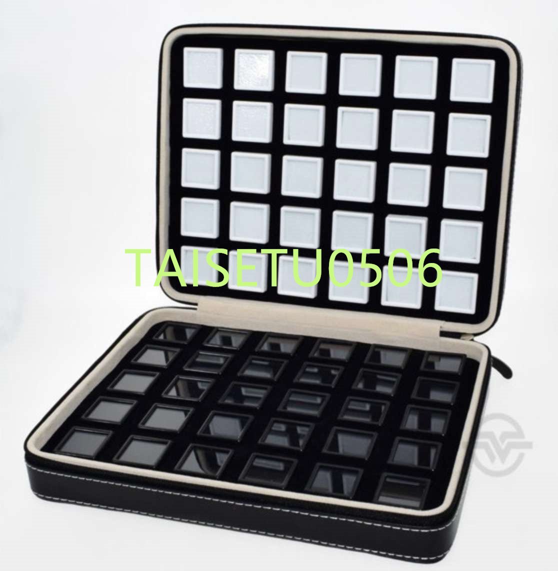 宝石ルースケース60個+トランクボックスセット 黒レザー調 大量 携帯用 ポータブル トラベル 原石ディスプレイ トランクショー_画像1