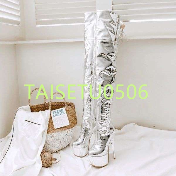  lining .. mirror re zha cai high boots! lady's leather round tu pin heel 16cm large size silver 