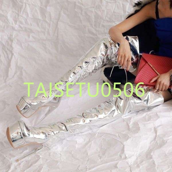  lining .. mirror re zha cai high boots! lady's leather round tu pin heel 16cm large size silver 