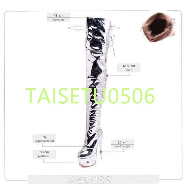  lining .. mirror re zha cai high boots! lady's leather round tu pin heel 16cm large size silver 