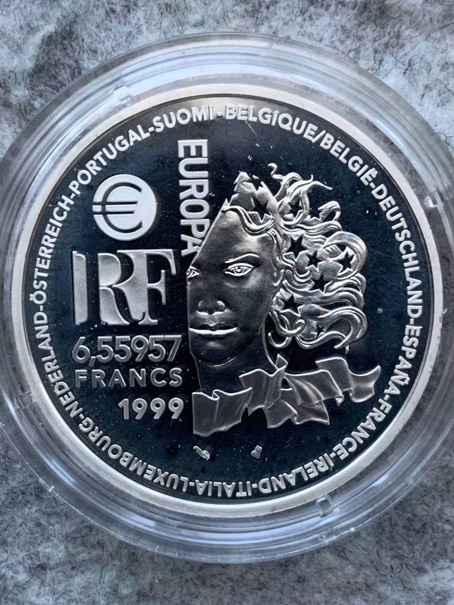 フランス　1999年 ユーロ切替記念　6.55957 フラン（プルーフ）銀貨 / 証明書・専用ケース・コインカプセル付_カプセルの上から撮影