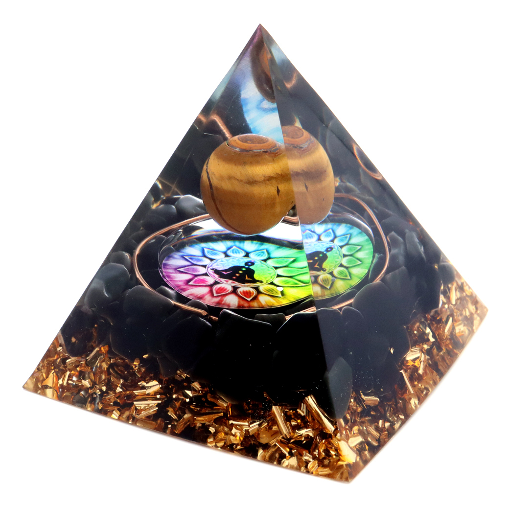 オルゴナイト ピラミッド チャクラ オブシディアン さざれ タイガーアイ 丸玉入り orgonite pyramid 置物 天然石 パワーストーン 浄化_画像1