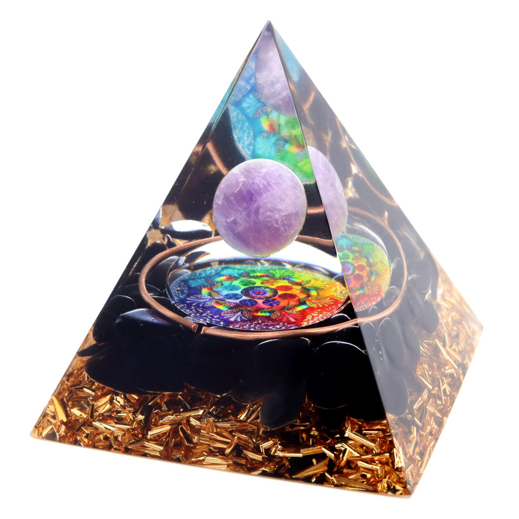 オルゴナイト ピラミッド アメジスト 丸玉入り オブシディアン さざれ 紫水晶 曼荼羅 orgonite pyramid 置物 天然石 パワーストーン 浄化_画像1