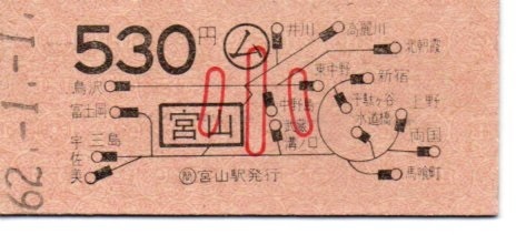 「国鉄】地図式乗車券　相模線「宮山駅」（無人）→530円　小人　～昭和62年～_画像1