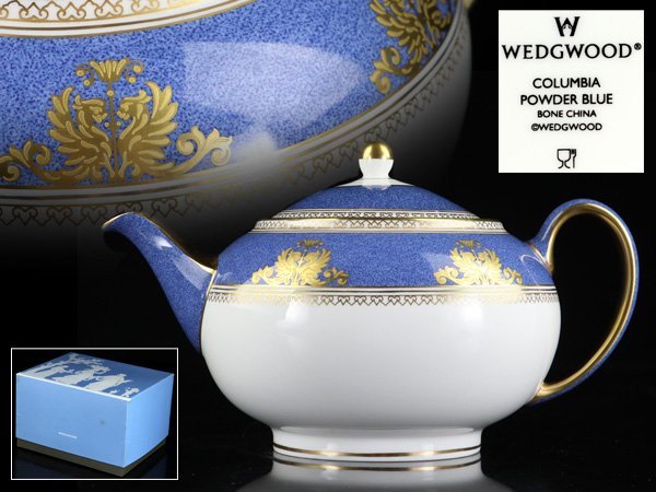 魁◆本物保証 WEDGWOOD ウエッジウッド コロンビア パウダーブルー ティーポット 箱付_画像1