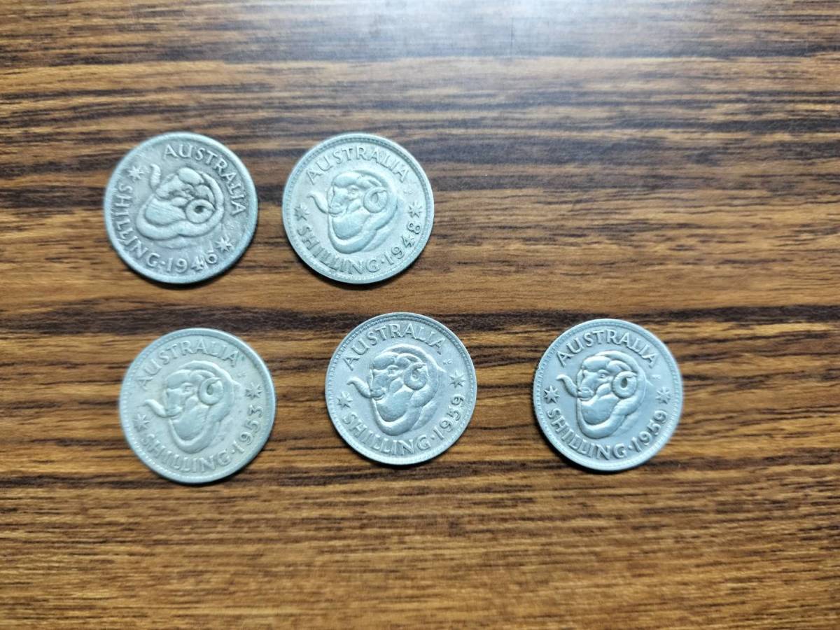 オーストラリア 外国古銭◆5枚セット◆1シリング 羊 1946,1948,1953,1959年2枚 エリザベス2世 外国コイン 外国硬貨 アンティーク/SHILLING_画像1