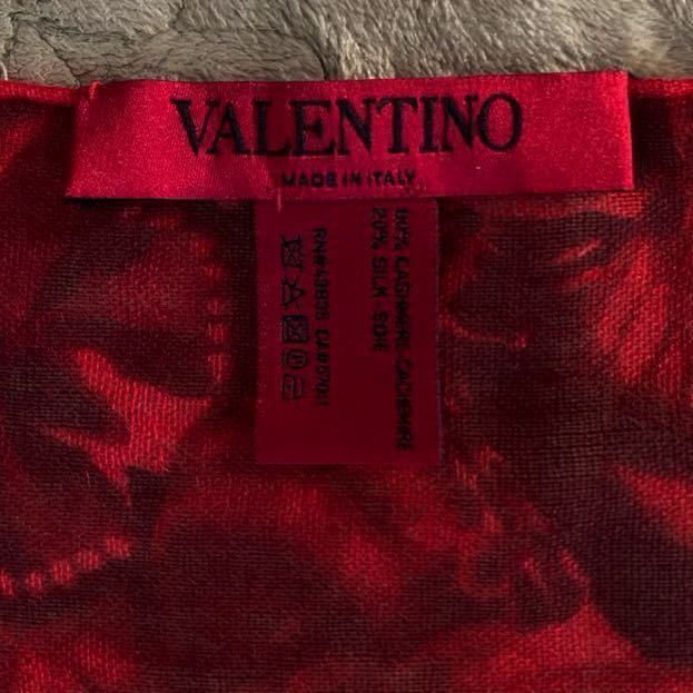 VALENTINO 花柄　ストール　カシミヤ シルク　赤　茶色　スカーフ　絹　フリンジ　イタリア製　ヴァレンティノ_画像4