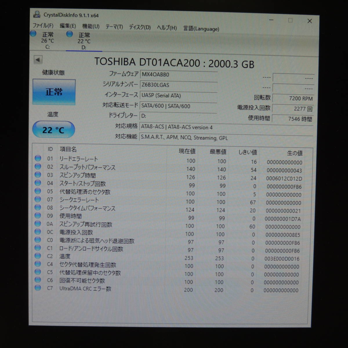 【検品済み】TOSHIBA 2TB HDD DT01ACA200 (使用7546時間) 管理:ヒ-100_画像2