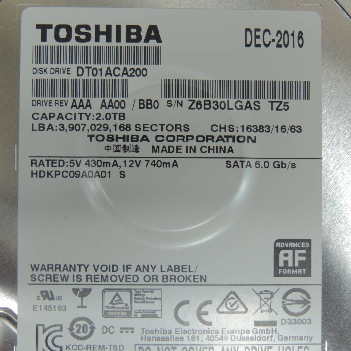 【検品済み】TOSHIBA 2TB HDD DT01ACA200 (使用7546時間) 管理:ヒ-100_画像4