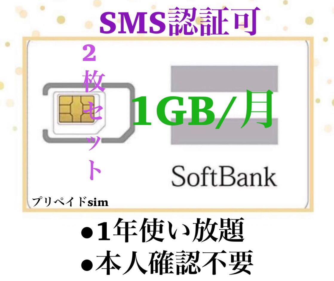 (2枚セット)SoftBank プリペイドSIM データ通信　1GB/受信可能 sms認証_画像1