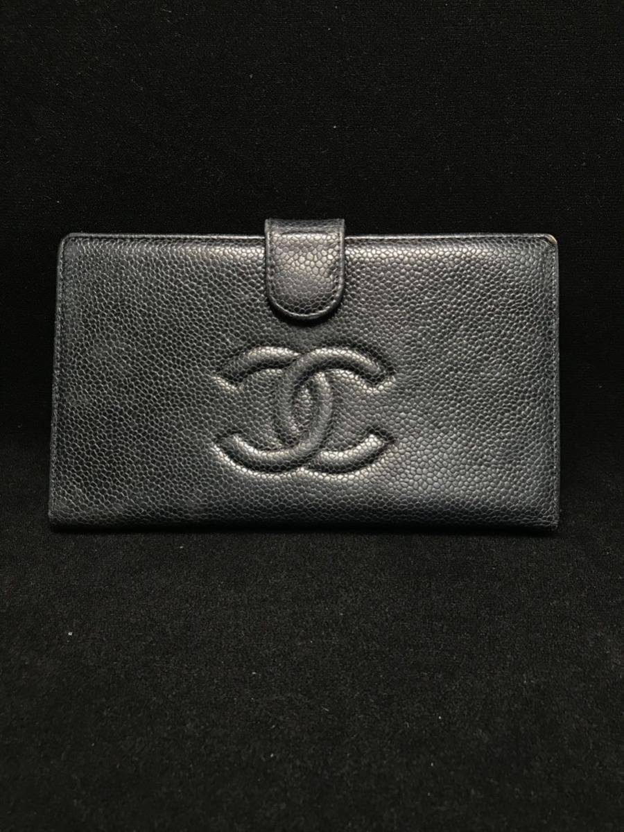 H151★CHANEL シャネル 折財布 ココマーク キャビアスキン 長折財布 ユニセックス 現状品_画像1