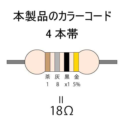 カーボン抵抗【炭素被膜抵抗】 18Ω (1/4Ｗ ±5%) 1本　〒84～　#00AU_カラーコード