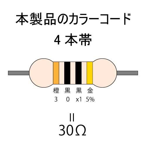 カーボン抵抗【炭素被膜抵抗】 30Ω (1/4Ｗ ±5%) 1本 〒84～ #00AZの画像2