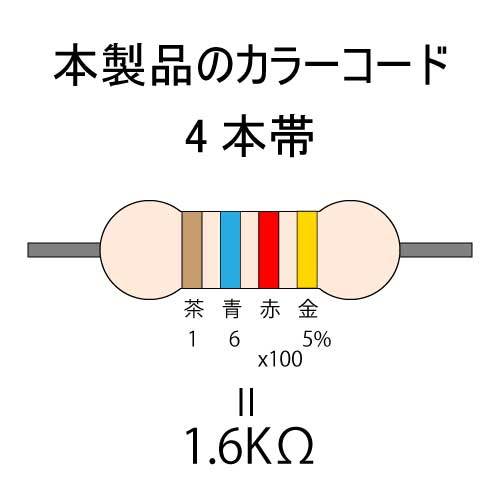 【匿名配送・送料無料】　カーボン抵抗 1.6KΩ (1/4Ｗ ±5%) 10本 #01ZN_カラーコード