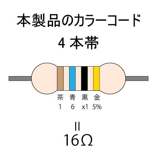 【送料無料】 LED自作用　カーボン抵抗【炭素被膜抵抗】　16Ω　(1/4W ±5%)　100本　#03LT_カラーコード