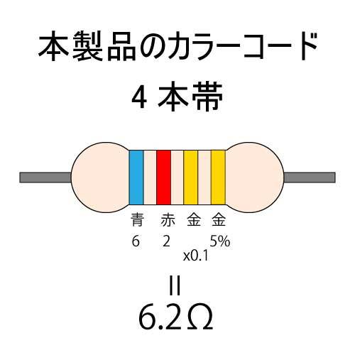 【送料無料】 LED自作用　カーボン抵抗【炭素被膜抵抗】　6.2Ω　(1/4W ±5%)　100本　#03LJ_カラーコード