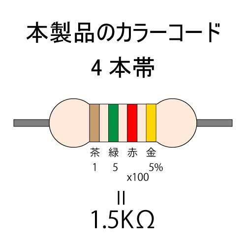 カーボン抵抗【炭素被膜抵抗】 1.5KΩ (1/4Ｗ ±5%) 100本 〒84～ #033Aの画像2