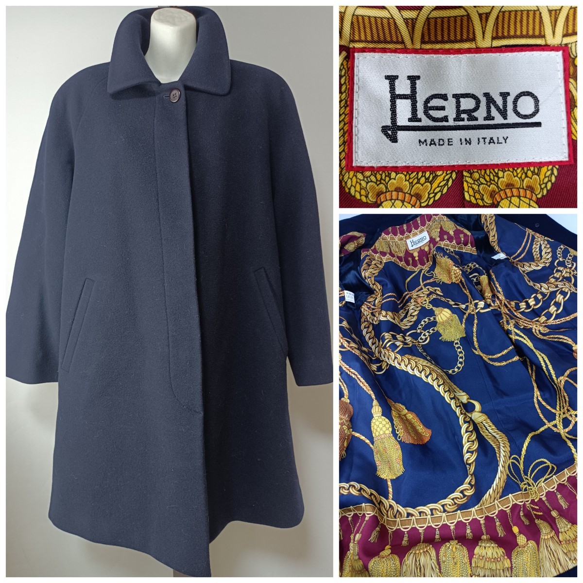 美品 HERNO ヘルノ ステンカラーコート コート ウールコート ネイビー アウター 裏地が可愛い 素敵 暖かい