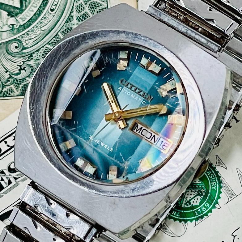 腕時計メンズ動作良好シチズンCITIZEN自動巻き4-651626Yアンティーク中古アナログ21石デイデイト稼働ヴィンテージ紳士カットガラス美品U608