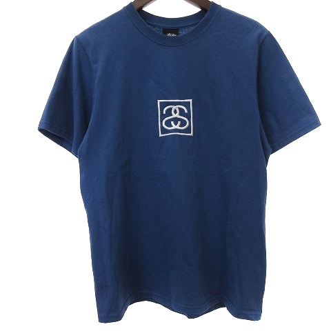 ステューシー STUSSY Tシャツ カットソー 半袖 フロントロゴ 刺繍 コットン 青 ブルー S メンズ_画像1