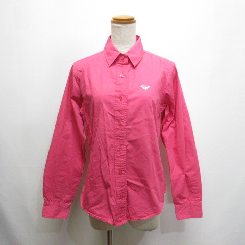  Roxy ROXY long sleeve cotton shirt L pink Logo embroidery lady's 
