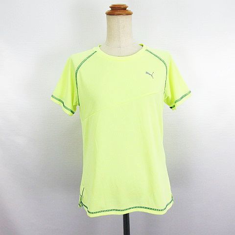 プーマ PUMA RUNNING Tシャツ カットソー 半袖 クルーネック メッシュ地 ロゴ L レモンイエロー スポーツウェア ※EKM レディース_画像1