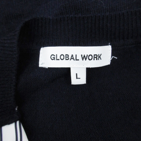 グローバルワーク GLOBAL WORK ニット カットソー 長袖 ラウンドネック 切替 ストライプ柄 L 紺 白 ネイビー ホワイト /FF46 レディース_画像5
