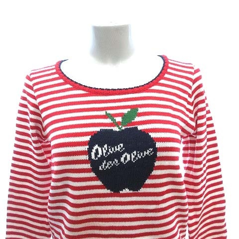  Olive des Olive OLIVE des OLIVE knitted sweater long sleeve border round neck 2 red red white white /CT lady's 