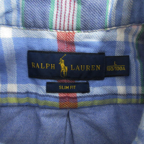 ラルフローレン RALPH LAUREN シャツ SLIM FIT ボタンダウン ポニー刺繍 長袖 コットン チェック ブルー 青 マルチカラー L メンズ_画像7