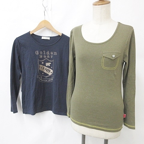  Junko Shimada part 2 Golden Bear cut and sewn 2 pieces set long sleeve ound-necked embroidery cotton khaki navy blue navy L lady's 