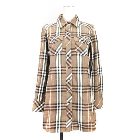 バーバリーブルーレーベル BURBERRY BLUE LABEL チェック シャツ ワンピース 長袖 38 ブラウン 240122E ■YHG レディース_画像1