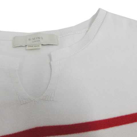  Be mingbai Beams B:MING LIFE STORE by BEAMS knitted key neck short sleeves cotton . border white red red ONE