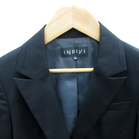 インディヴィ INDIVI スーツ テーラードジャケット ミドル丈 総裏地 シングルボタン 無地 36 黒 ブラック /YS18 レディース_画像3