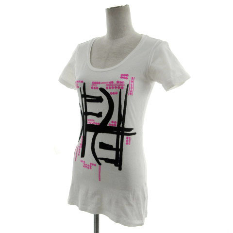  diesel DIESEL T-shirt oval neck short sleeves Logo print spangled cotton white black black pink XS lady's 