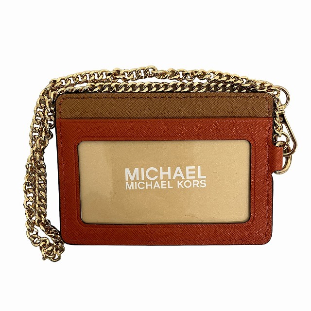 未使用品 マイケルコース MICHAEL KORS タグ付き カードケース カードホルダー 定期入れ 収納 薄型 チェーン付き 32F4GTVD5T オレンジ ブラ_画像2