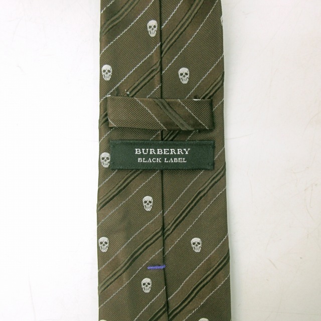 バーバリーブラックレーベル BURBERRY BLACK LABEL ネクタイ シルク スカル柄×レジメンタルストライプ ドクロ レギュラータイ 茶 ブラウン_画像2