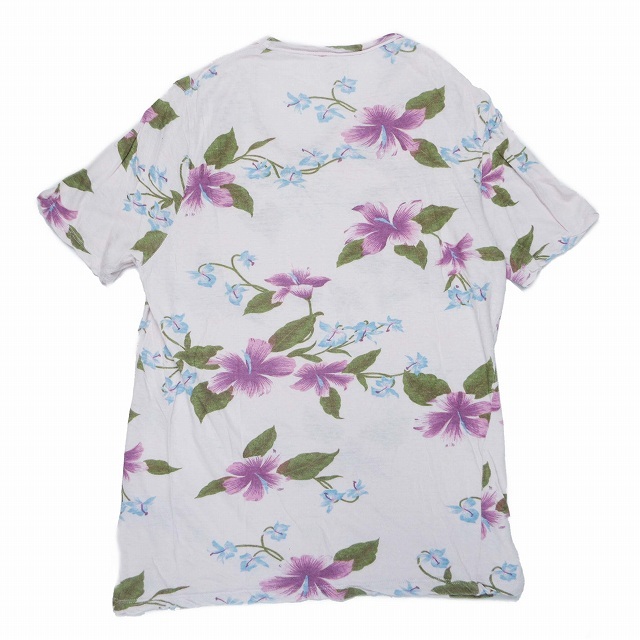 120%lino120%lino flower print T-shirt V neck short sleeves cotton × flax cut and sewn floral print thin tops M lavender /6 lady's 